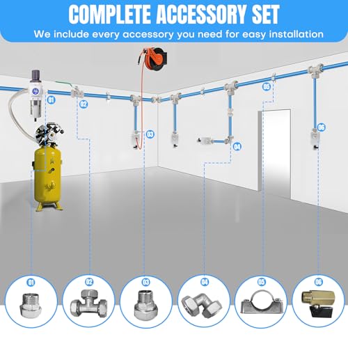 Image of 3 /4 Inch x 200 FT Shop Air Line Kit, Compressed Air Piping System for Shop, Garage, HDPE Tubing and Aluminum Rapid Air System Includes Right Angle Fittings and Tee Fittings, Air Line Tubing Kit