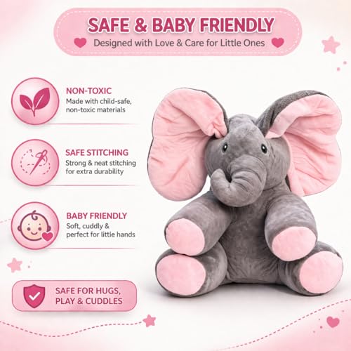 Image of Monex Musical Elephant Plush Toy for Babies & Kids | Peek-a-Boo Singing Elephant with Flappy Ears | Soft Stuffed Animal Interactive Toy for Toddlers, Infants & Gift Purpose (Pink)