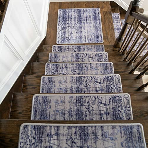 Benissimo, 13+1 Stair Treads Carpet With Landing Slip Resistant Stair Rugs, Set Of 13 (9"X32") + 1 (31"X31") Runner For Indoor Wooden Steps, Printed Design, Deep Ocean #TOP3