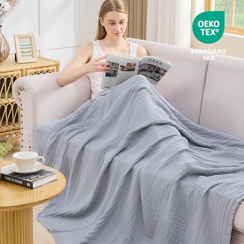 EMME Cotton Muslin Throw Blanket Couch Breathable Gauze Blanket Soft Lightweight Blankets Adults (Dusty Blue, 50"x60")