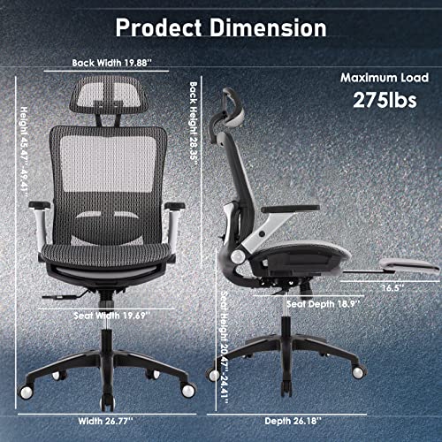 Ergonomic Mesh Office Chair With Footrest, High Back Computer Executive Desk Chair With Headrest And 4D Flip-Up Armrests, Adjustable Tilt Lock And Lumbar Support-Grey #TOP7