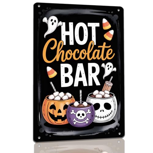 Hot Chocolate Bar Metal Sign Retro Halloween Ghost Decor for Cafes Bakeries Restaurants Halloween Events Kitchens Coffee Shops Offices and Home Bars 8x12 Inch