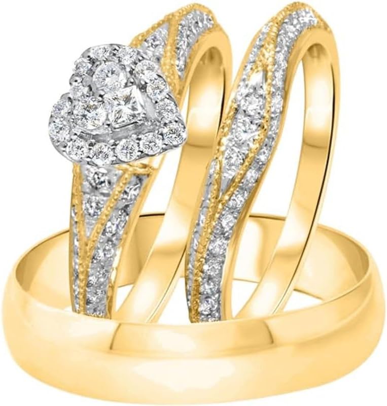 14K Yellow Gold Over Round,Princess Cut White Diamond Heart Shape 925 Sterling Silver Wedding Bridal Trio Ring Set for His & Her