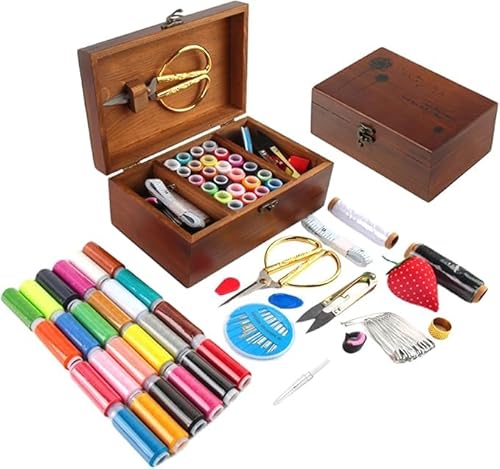 HPAMR Wooden Sewing Kit Box,Sewing Repair Kit Sewing Basket 24.5 * 13.5 * 9cm,Wooden Hand Home Sewing Repair Tool Kit,DIY Crafts Accessories with Thread,Scissors,Needles and Other Accessories
