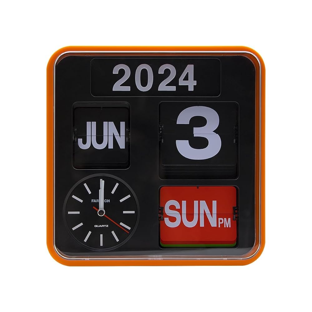 OUSEITECH Retro Modern Flip Desk Wall Clock, 9.45 inch Square Calendar with Year Month Date Day Week Display Dual Use Home Office Decor No Battery Included (24cm orange frame)