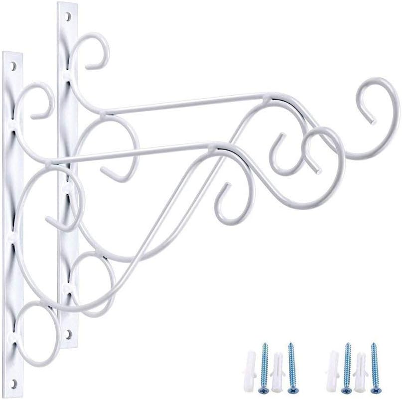 Rainbowroseus 2 Pack 10" Iron Hanging Plants Bracket Decorative Wall Planter Hanger Hooks with Screws for Bird Feeder Lanterns Wind Chimes White