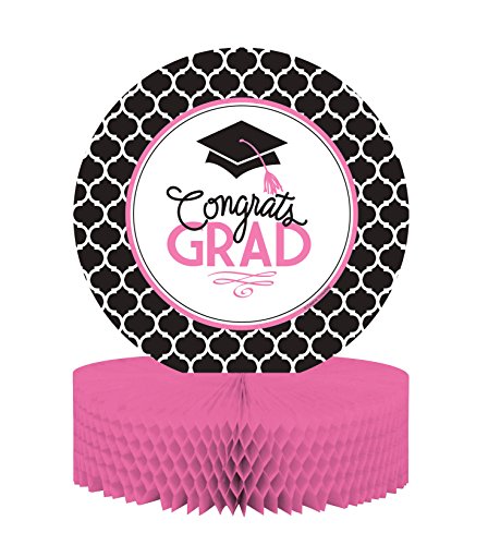 Creative Converting Glamorous Grad Centerpiece with Honeycomb Base, Black/White/Pink