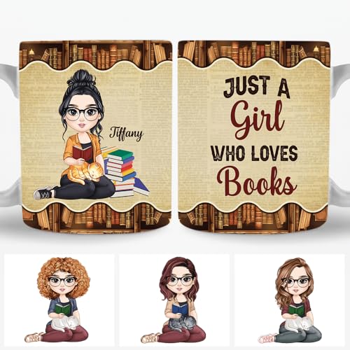 Image of Personalized Books Lover Mug, 11oz 15 oz Ceramic Coffee Cup, Just A Girl Who Loves Reading Books Design, Gift for Women Readers, Christmas (BOOK-RETRO)