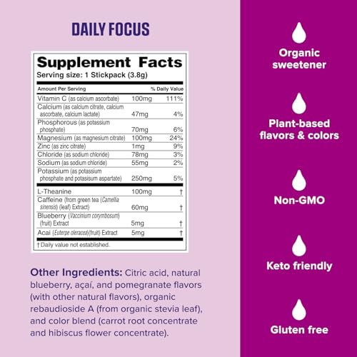 Image of Ultima Replenisher Daily Focus Supplement, Acai Blueberry, 14 Stickpacks | Daily Zero Sugar Electrolyte Powder Hydration Packets with 6 Key Electrolytes & L-Theanine to Improve Focus - Keto Friendly