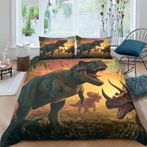 Prehistoric scene style Funda de Edredón Microfibra Suave Tres Piezas Estampado 3D Prehistoric escena estilo Funda Edredon con Fundas de Almohada Lavables Transpirable for jóvenes Single（140x200cm）