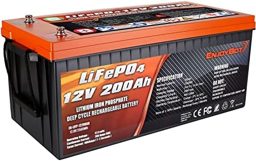 Enjoybot 12V 200Ah Lithium LiFePO4 Deep Cycle Battery, Built-in 200A BMS, 2000-5000 Cycles, 10-Year Lifetime, for RV, Boat, Golf Cart, Car, Solar Power Backup, Marine, Off-grid, replace for SLA/AGM