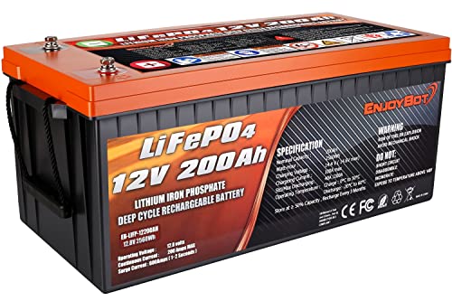 Enjoybot 12V 200Ah Lithium LiFePO4 Deep Cycle Battery, Built-in 200A BMS, 2000-5000 Cycles, 10-Year Lifetime, for RV, Boat, Golf Cart, Car, Solar Power Backup, Marine, Off-grid, replace for SLA/AGM