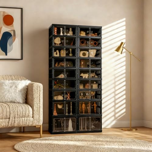 Image of Foldable Shoe Organizer Storage Box Set of 2, Portable Extra Large Folding Shoe Rack for Closet, Shoe Storage Box with Magnetic Transparent Door and Wheels, 9 Layers 18 Grids with 4 Big Grids