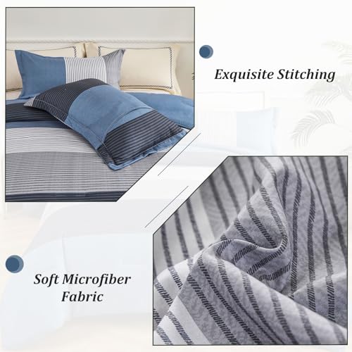 Edredón de microfibra suave reversible de 3 piezas con rayas azules para cama 7