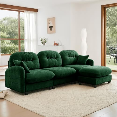 Image of KEIKI 107 inch L-Shaped Oversized Chenille Modular Sectional Sofa with 1 Ottoman, High-Density Foam Cushions, Tufted Pleated Cushion Backrest, Modern 3-Seater Couch with 2 Pillow, for Living Room, Green