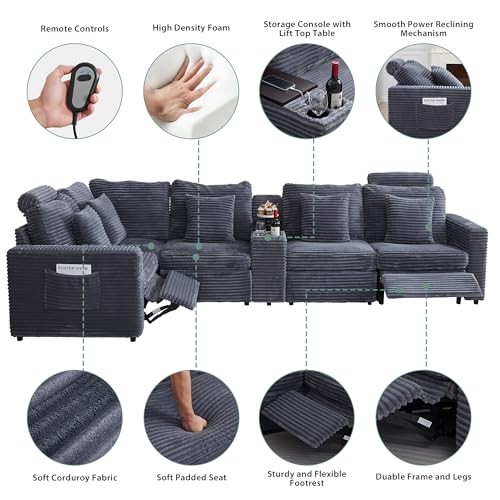 Image of RARZOE Oversized Modular Sectional Sofa with 2 Power Recliner, 5-Seater L-Shaped Corduroy Reclining Couch with Storage Console Charging Cup Holders, Fluffy Reclining Couches for Living Room,Grey