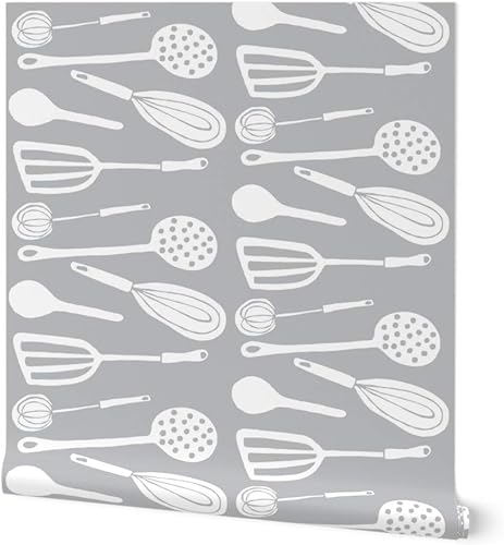 Spoonflower Peel & Stick Wallpaper 12ft x 2ft - Magic Kitchen Tools Driftwood Grey & White Spoon Egg Vintage Custom Removable Wallpaper