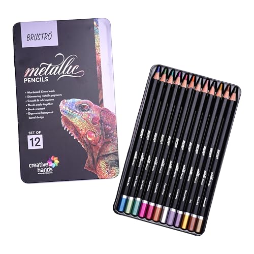 Image of BRUSTRO Artist Metallic Colour Pencil Set of 12 Shades, 3.3mm lead | Wax-based, Ergonommic, Break Resistant, Easy Blending, Non-toxic Colors, Ideal for Fine Art and Craft.