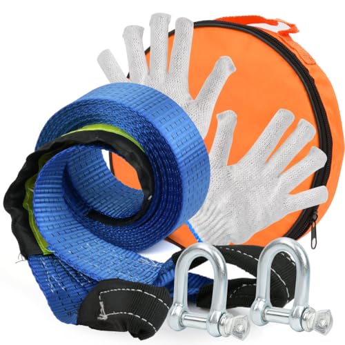 BUYGOO Abschleppseil Zubehör Set 8 Tonnen, 4.8cm x 5m Abschleppseil PKW mit Leuchtstoff Streifen, Notfall-Abschleppgurt mit 2 Dicken U-Förmigen & Rutsch Handschuhe & Aufbewahrungstasche, für Auto LKW