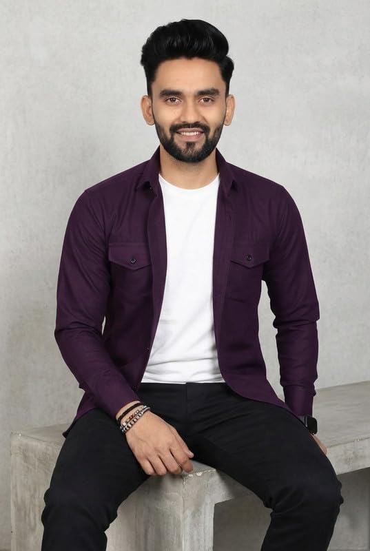 Image of DEELMO Men Solid Slim Fit Casual Overshirt Style Shirt | Full Sleeve Button-Down Layering Shirt Smart Casual Look