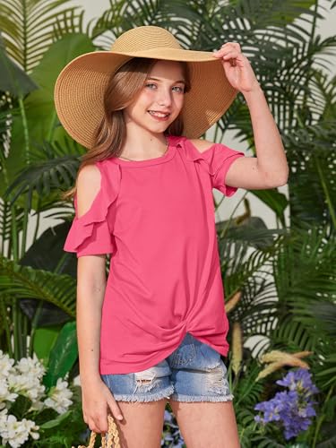 Image of BesserBay Girls Cold Shoulder Tops Twist Front Tunic Ruffle Sleeve Summer Blouses 5-14 Years