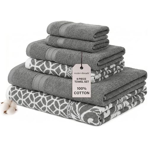 Amrapur Modern Threads Lot de 6 Serviettes Jacquard réversibles en Fil Teint en Fil – Serviettes de Bain, essuie-Mains et débarbouillettes – Super absorbantes et à séchage Rapide – 100% Coton peigné