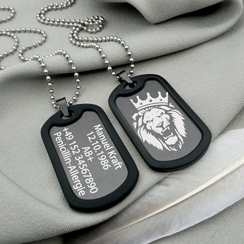 Dog Tag Personalisiert – Erkennungsmarke Edelstahl – Schwarz Kette Mit Namen – Gravur – Personalisierte Kette Herren – Militär Geschenke – 2 Mm Dick – Gravur – Set Mit Clip Und Gummi-Silencer