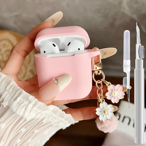 Cute Pink Case for Airpods 2nd/1st Generation Cover for Girl Women with Pom pom Flower Keychain & Cleaner Kit Soft Silicone Airpods iPod 2/1 Gen Protective Cover Skin for Airpod 2/1 Pink