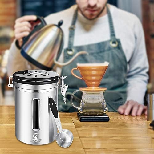 JENNIMER Coffee Container Airtight - Large 1.8L/650g, Stainless Steel Coffee Bean Storage Canister,Transparent Window with Date Tracker, CO2-Release Valve & Measuring Scoop (Silver)