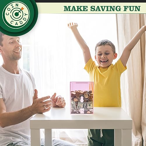 Coin Caddy Clear Piggy Bank for Adults Kids - Large & Sturdy Personal Money Jar for Cash Saving with Key - Acrylic Money Saving Box for Vacation, Wedding, Birthday Gifts & Fun, Pink Piggy Banks - Thumbnail 7