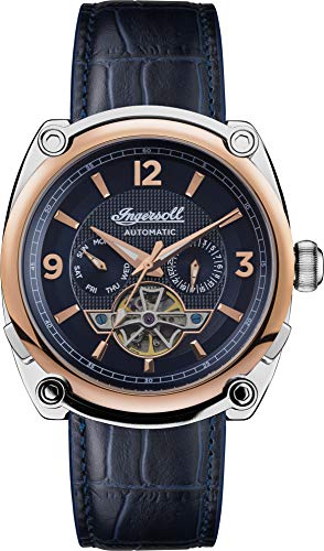 Ingersoll The Michigan Herren-Automatikuhr, 45 mm, mit blauem Zifferblatt mit offenem Herzen und blauem Echtlederarmband I01101B