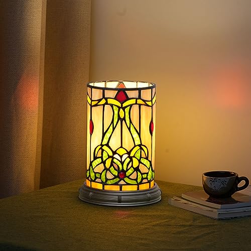 Tiffany Estilo Vidriera Matam Lámpara de Mesa Sala de Estar Dormitorio Mesita de Noche Flor Jarrón Decoración Pequeña Luz de Noche Linda Niños Acento Led Cilindro Vintage Lámpara de Escritorio