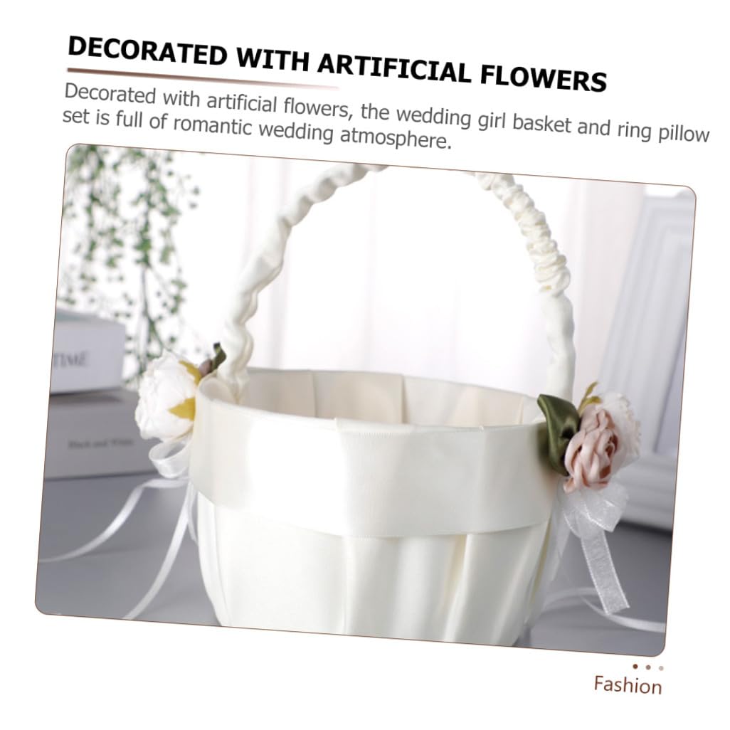 Dekoratives Ringkissen Hochzeit 1 Satz aus Satin in Weiß | Blumenkorb Form, für Verlobungsfeiern, Zarte Romantische Optik, 2 Stück
