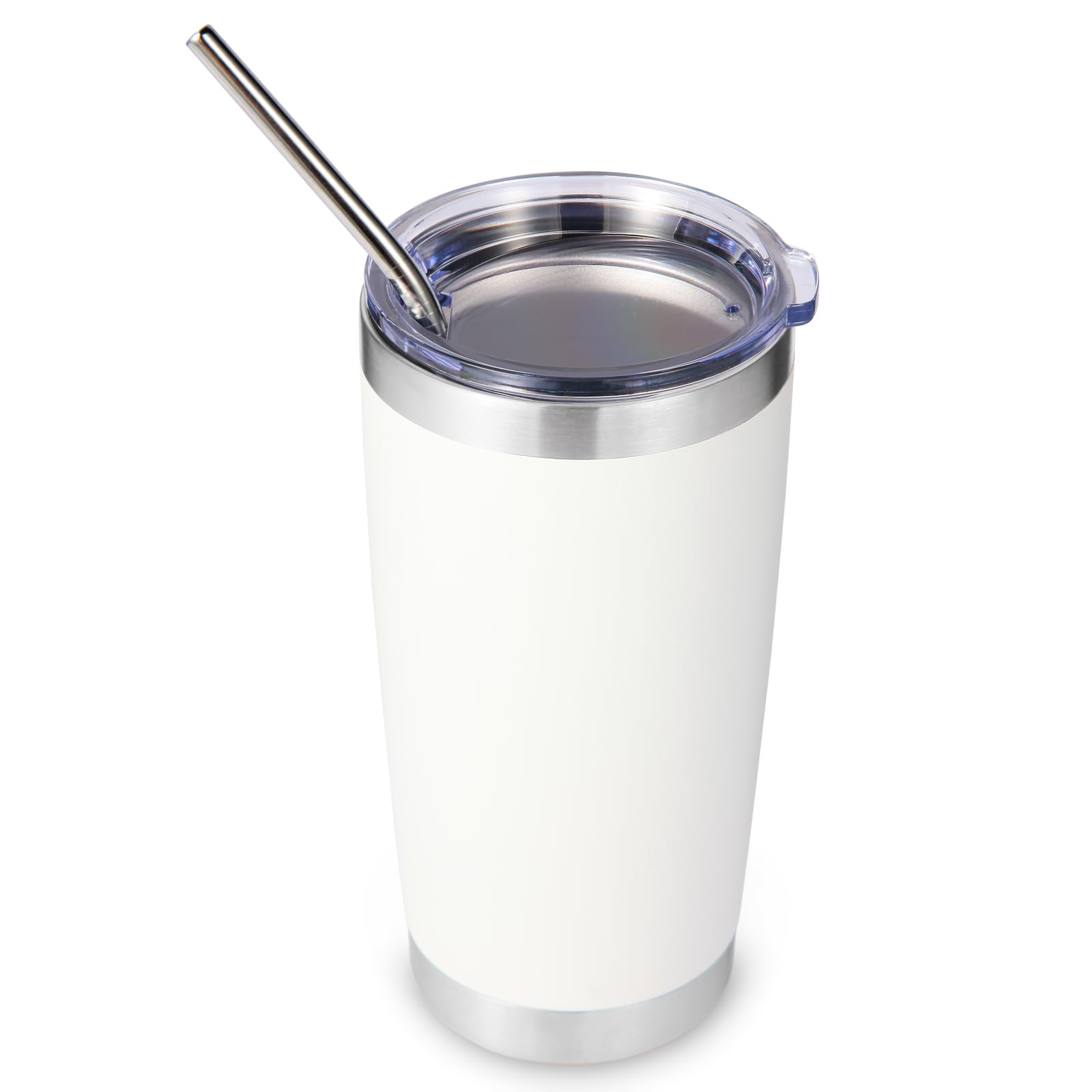 Volhoply 600ml（20oz） Thermobecher mit Deckel und Strohhalm,Doppelwandiger isolierter Reise-Eiskaffeebecher Passend für Auto-Tassenhalter,Pulverbeschichtete Becher für heiße und kalte Getränke,(Weiß,1)
