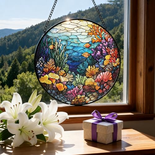 Ocean Coral Reef Suncatchers Stained Glass Window Hanging 7.8 in by Greatingreat - Used condition - Image 6