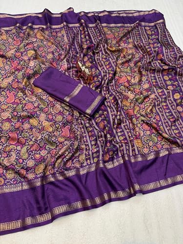Image of Kalamkari Floral Prints Dola Silk Saree With Rich Zari Border Designer Pallu Attach Blouse Piece