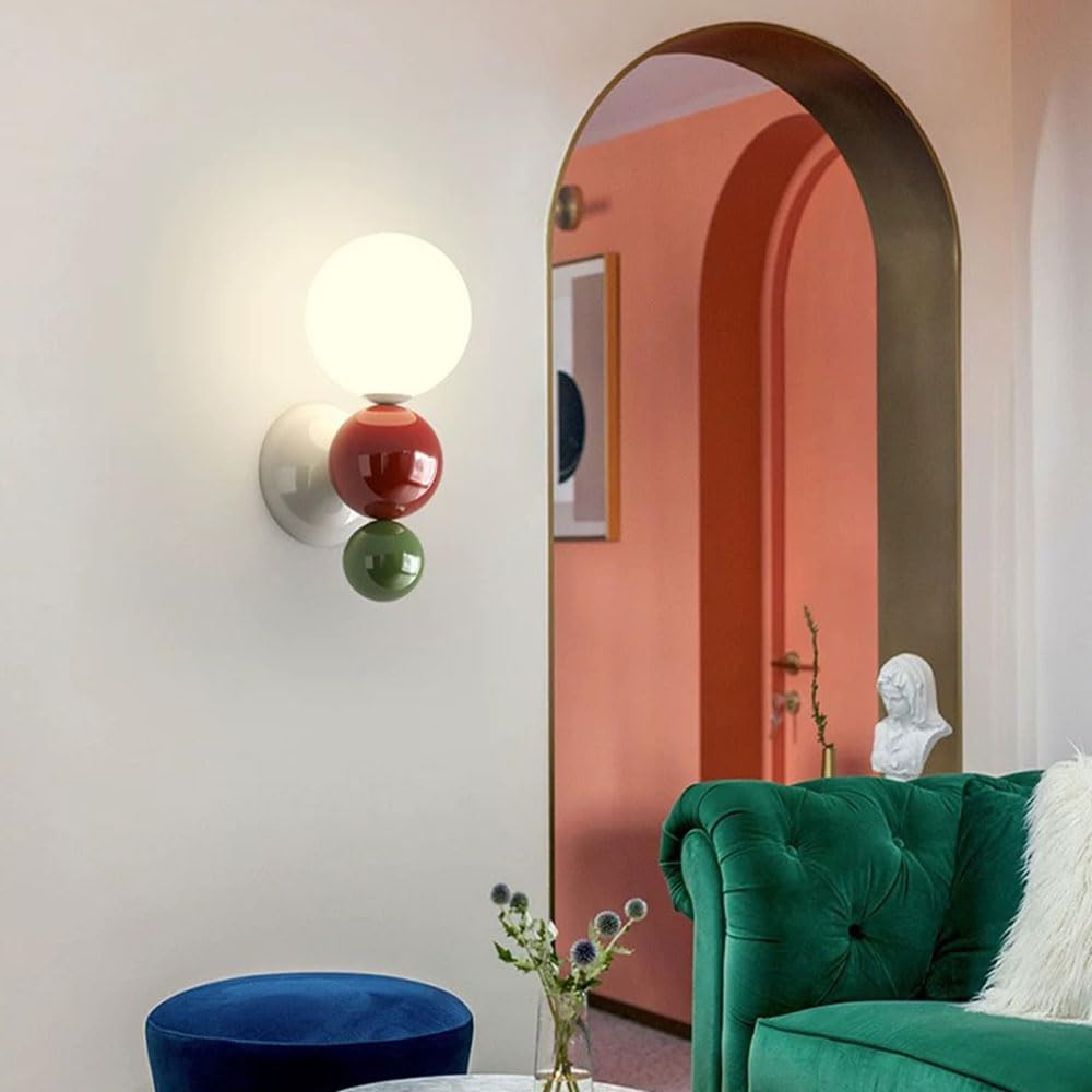 Aplique de Pared con Bola de Cristal Blanco lechoso: luz Decorativa de Estilo francés para Dormitorio, Sala de Estar y pasillos (Blanco y Rojo)