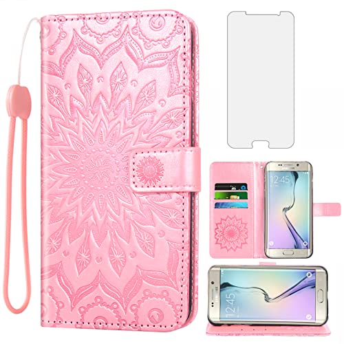 Phone Case for Samsung Galaxy S6 Wallet with Tempered Glass Screen Protector Leather Flip Cover Card Holder Stand Cell Accessories Glaxay S 6 Gaxaly 6s Galaxies GS6 SM-G920V G920A Women Rose Gold