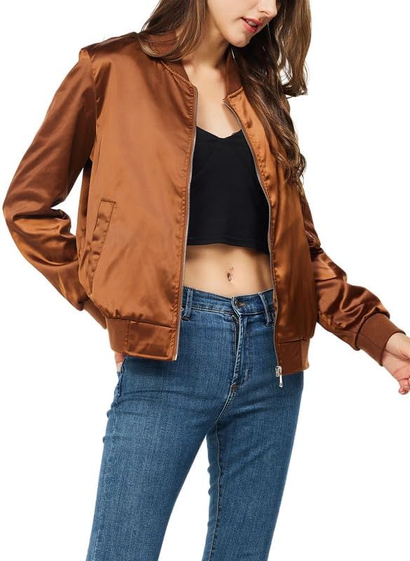 Rasujie Satin Bomber Jacket Women Zip Up Varsity Jacket Fall Windbreaker Outerwear with Pockets - Image 5