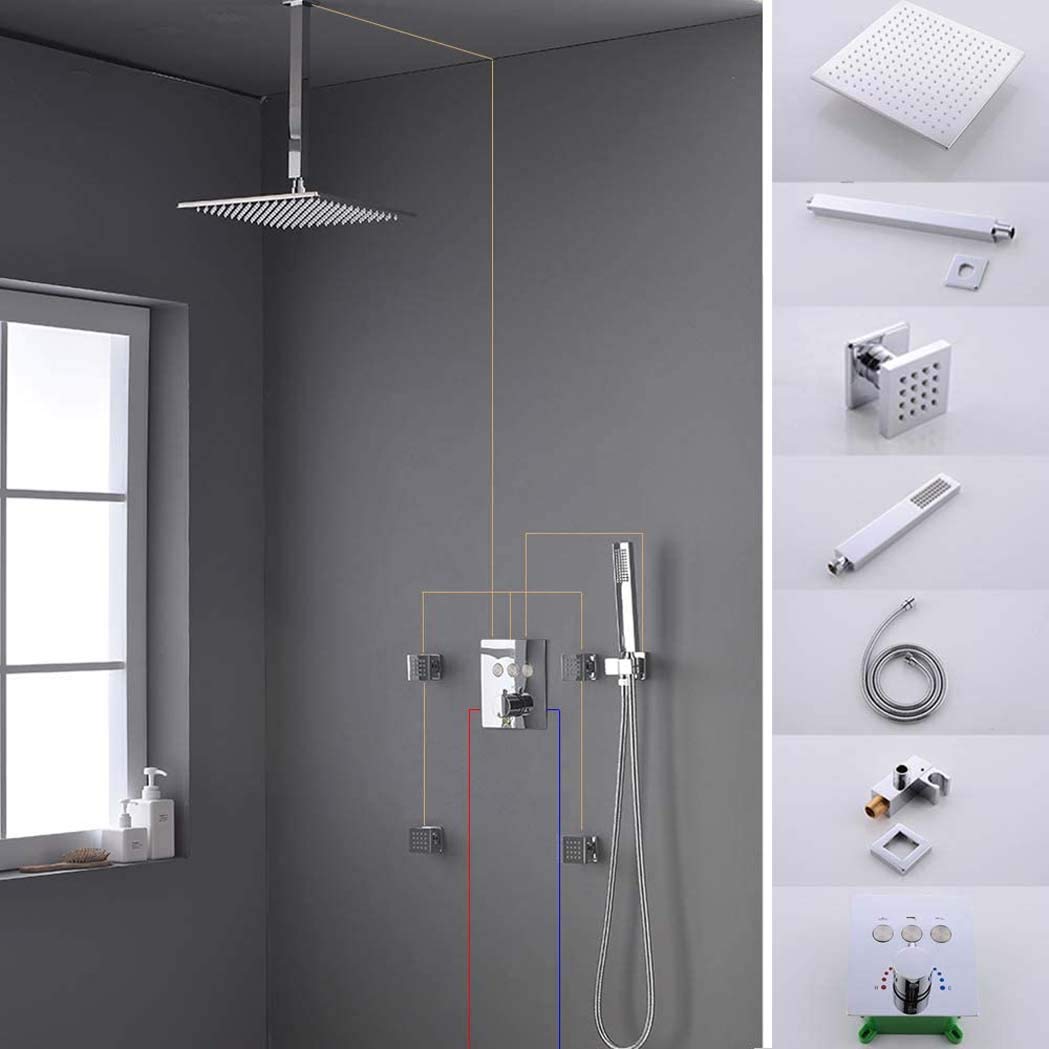 Sistema Doccia, soffione a Pioggia LED da 10-12 Pollici con soffione a soffitto in Ottone Cromato, soffione a Pioggia LED da 10-12 Pollici con soffioni per Il Corpo e Set termostat