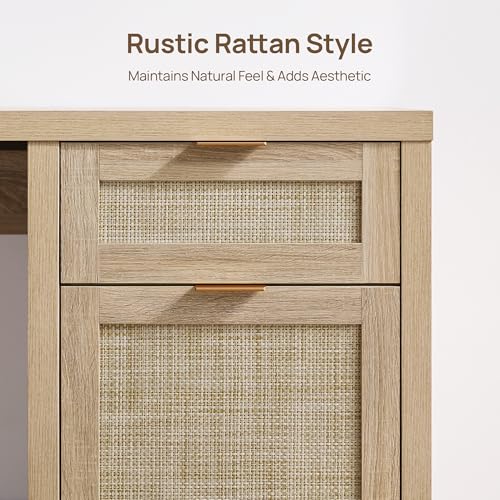 Image of SICOTAS 59 inch Rattan Computer Desk Wood Desk, Home Office Desk with Drawer | Large Boho Farmhouse Writing Table Vanity Desk with Cabinet for Office, Study, Living Room, Dining Room