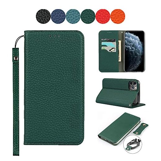 Plånboksfodral för iPhone 11 Pro Max, lyxig Litchi Grain äkta läder fodral med handledsrem hörlurar förvaringsbälte folio flip telefonfodral med RFID-blockerande korthållare ställ grön