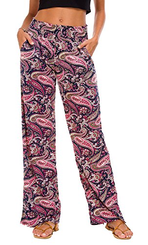 Damen Boho Gerade Beine Elastische Taille Palazzo Hose Freizeit Leichtes Yoga Loungehose mit Taschen(XL, Series 2#6)