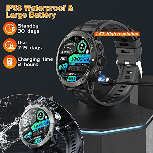 Basicf Military Smart Watches For Men (Answer/Make Call), 1.52" Hd Outdoor Sports Smartwatch Ip68 Waterproof Fitness Tracker 100+ Sports Modes With Heart Rate, Blood Oxygen Monitor For Ios Android #TOP4