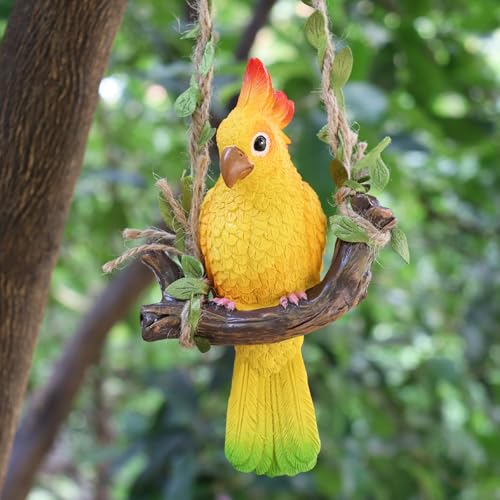 XKFLAUHM Resin Parrot Hanging Tropical Decor Outdoor Porch Tree Tiki Bar Decorations Outdoor Hanging Bird Sculpture for Christmas Tree Plant Patio Lawn Yard Porch Balconies Decor (Yellow)