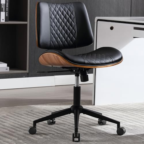 BERYTH Home Office Chair No Arms with Wheels, Adjustable Height Small Desk Chair, PU Leather Mid...