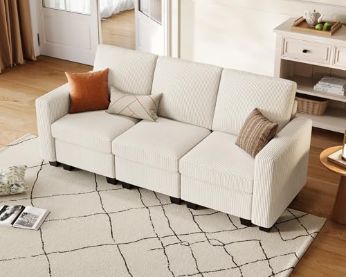 Image of CHIC HOUSE Modular Sectional Sofa with Storage Ottomans, Corduroy Cloud Couch for Small Spaces & Apartments, Reconfigurable L /U Shaped Convertible Corner Sofa, Beige, 5 Seater Sectional