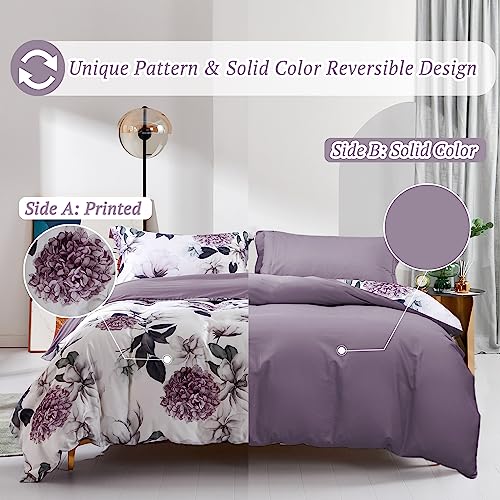 MILDLY 100% Long-Staple Cotton Duvet Cover Set Purple Hydrangea Lotus Flower Pattern Printed Comforter Cover 3pcs, Ultra Soft & Breathable Bedding Set