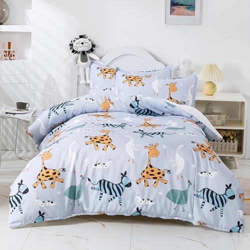 Animal Cartoon Duvet Cover Set Full Size, 3 Pieces Breathable Microfiber Bedding Sets, Giraffe and Zebra Printed Comforter Cover Set for Kids Teens Boys Girls