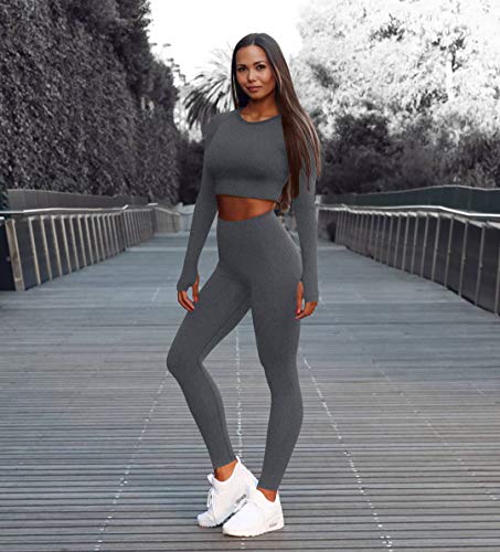 OYS – Conjunto de 2 peças para ioga, sem costura, cintura alta, calça legging esportiva, Grey2, Medi